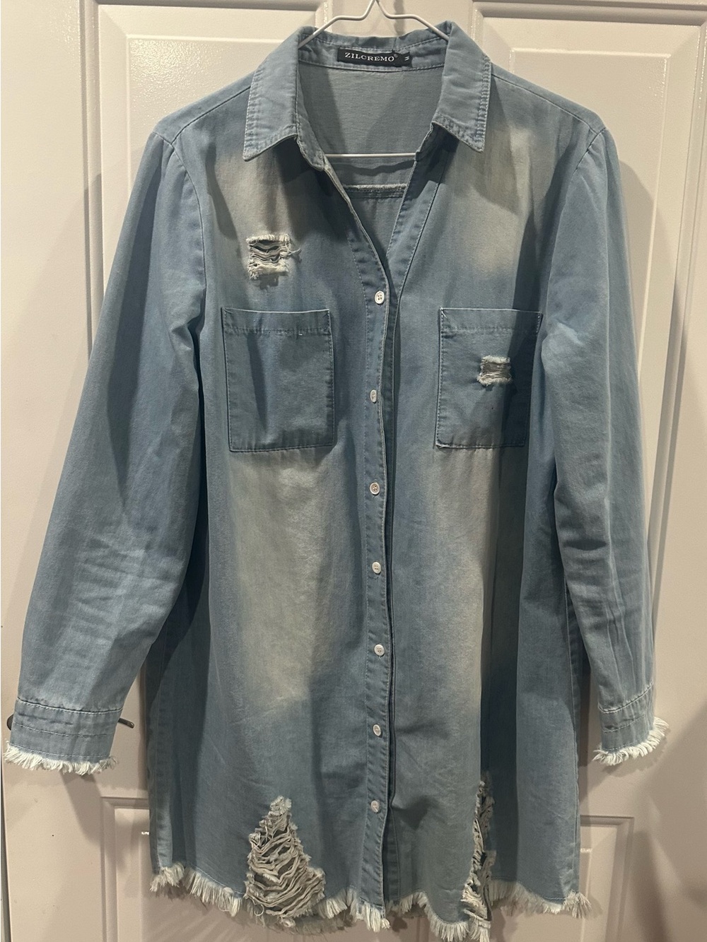 Light Blue Distressed Denim Shirt Jacket